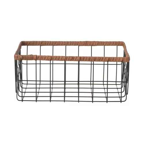 Cesta rectangular de alambre de metal negro para decoración del hogar.